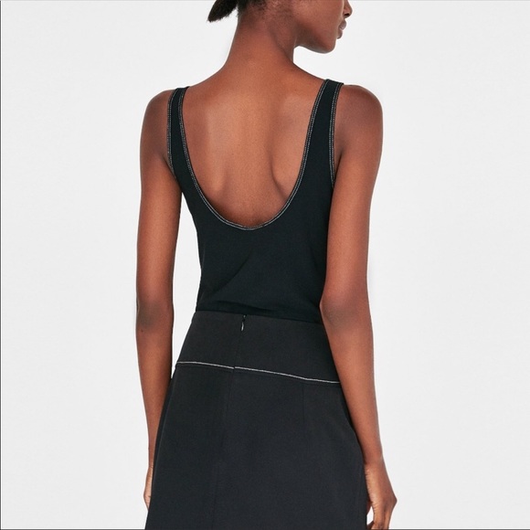 Zara black white topstitch Bodysuit Top NWT L - Picture 4 of 6